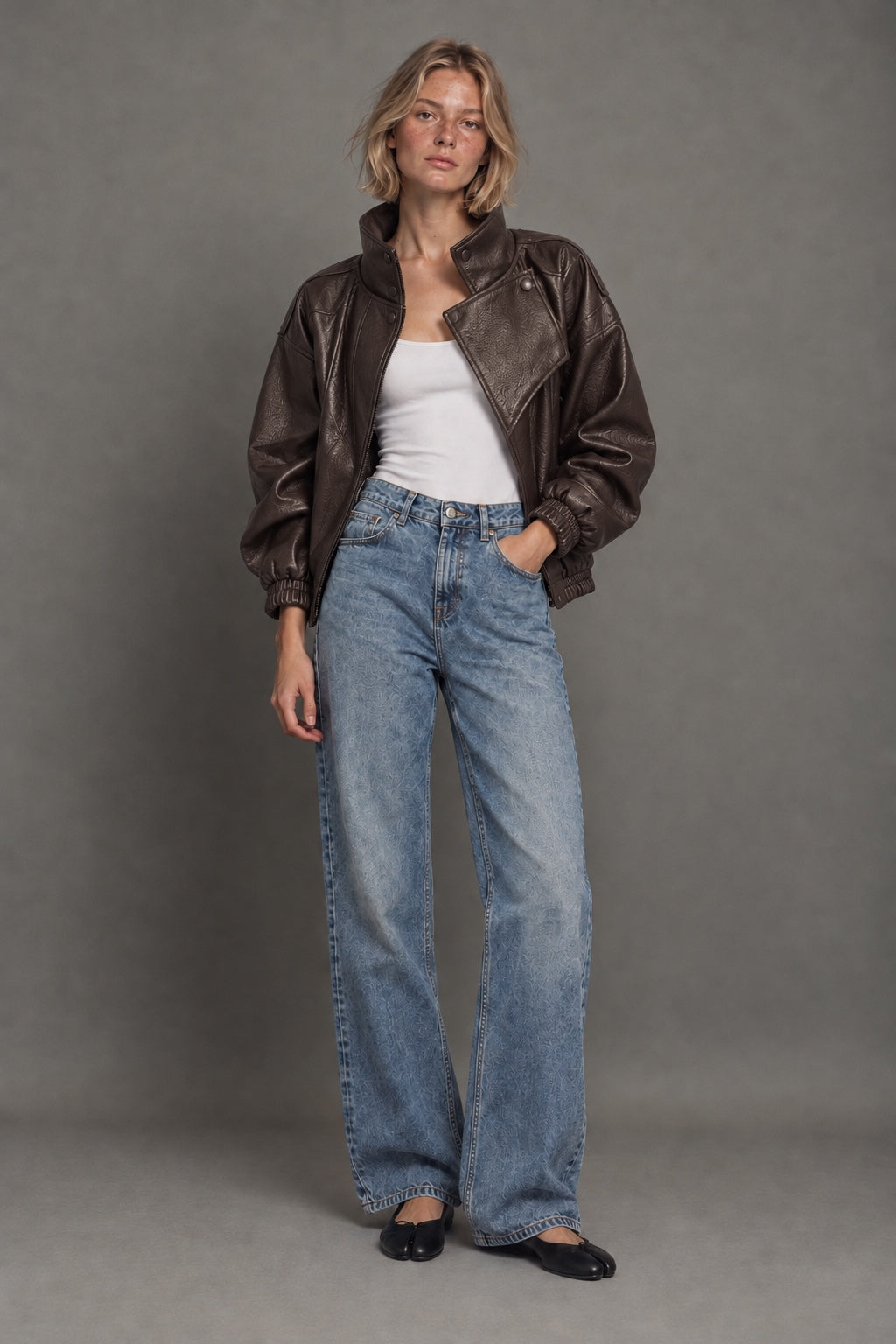 Blouson Aviateur Effet Cuir — Chocolat — porté · shoot