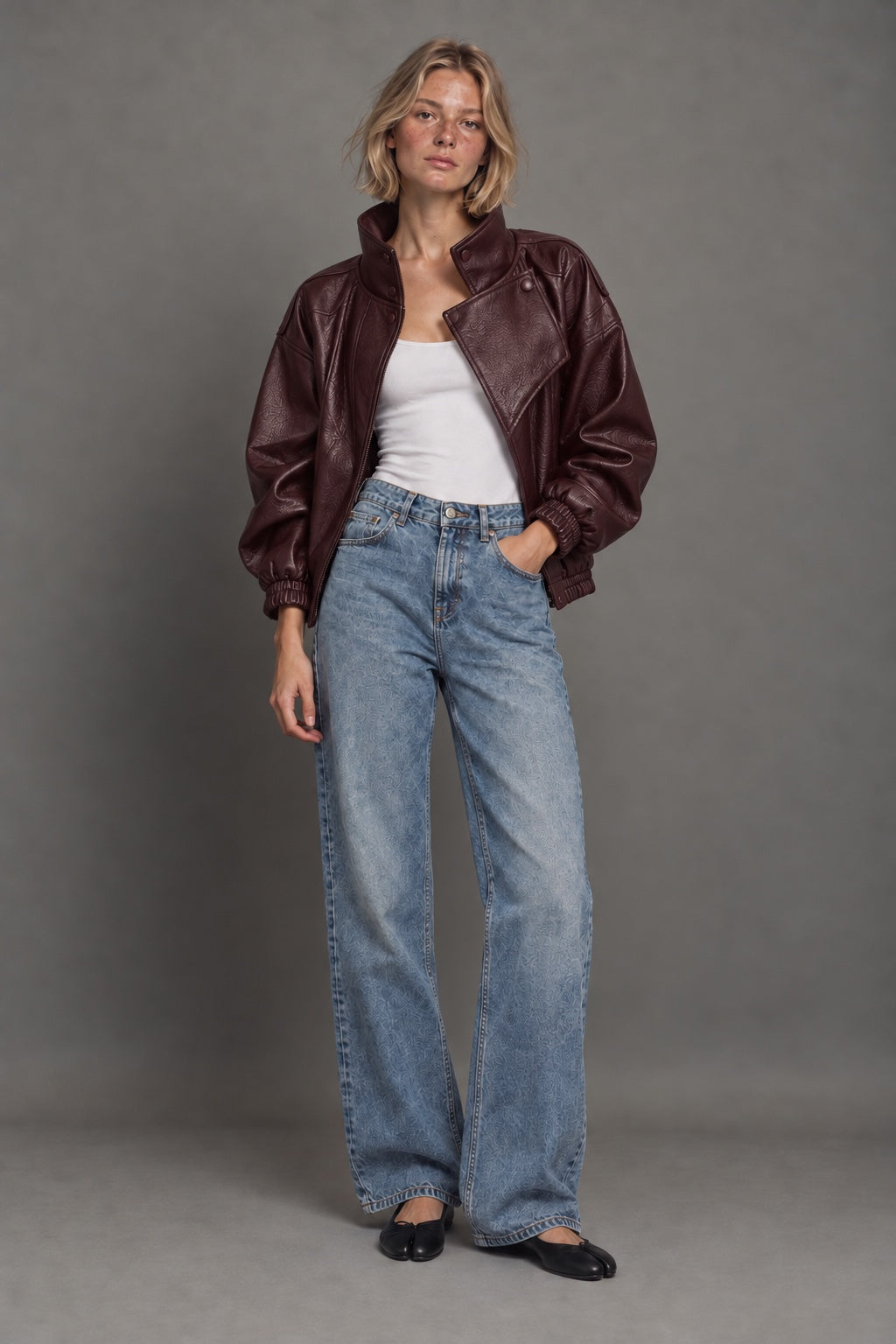 Blouson Aviateur Effet Cuir — Bordeaux — porté · shoot