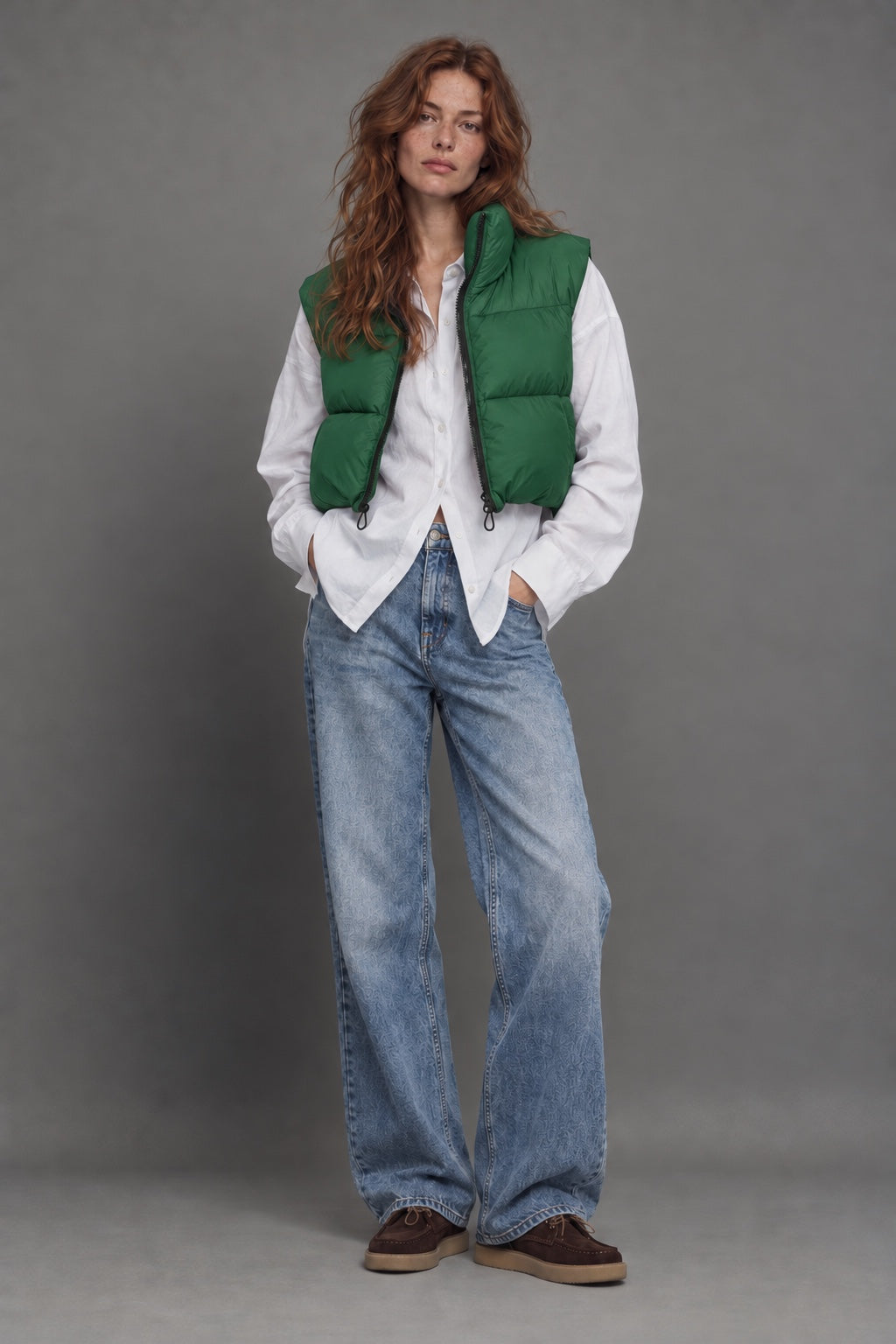 Gilet Matelassé Col Montant — Vert olive — porté · shoot